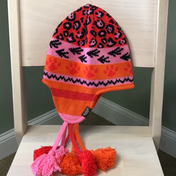 Rainforest Cafe Earflap Hat Knit Animal Paw Print Pink Orange Tassels One Size - Picture 4 of 9